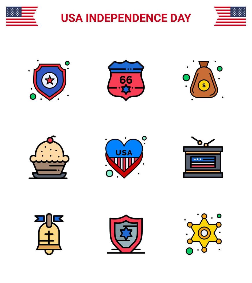 Pack of 9 creative USA Independence Day related Flat Filled Lines of american sweet dollar muffin cake Editable USA Day Vector Design Elements