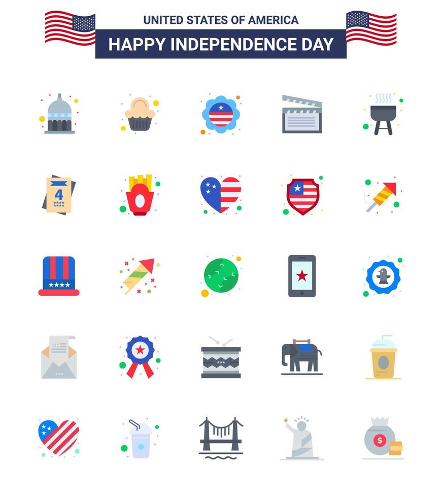 Set of 25 Vector Flats on 4th July USA Independence Day such as bbq usa country video american Editable USA Day Vector Design Elements