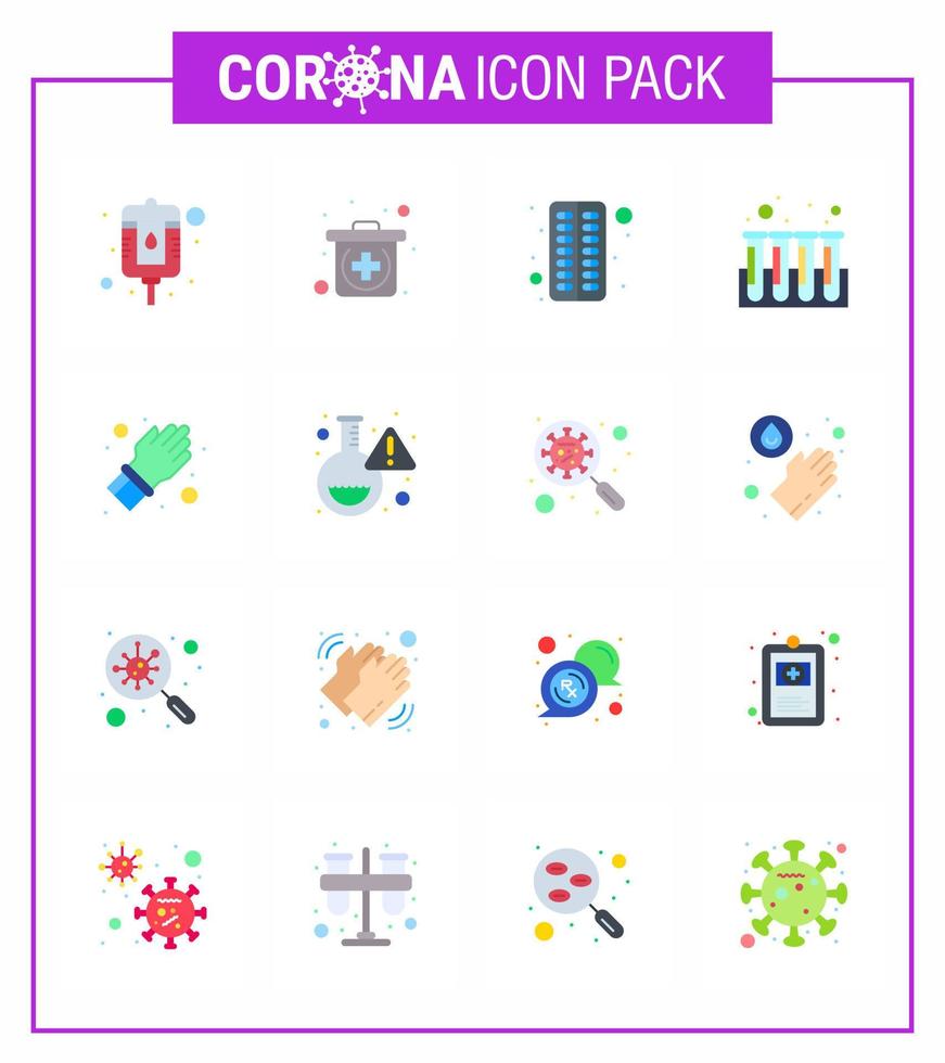 Covid19 Protection CoronaVirus Pendamic 16 Flat Color icon set such as care hand medical glove test viral coronavirus 2019nov disease Vector Design Elements