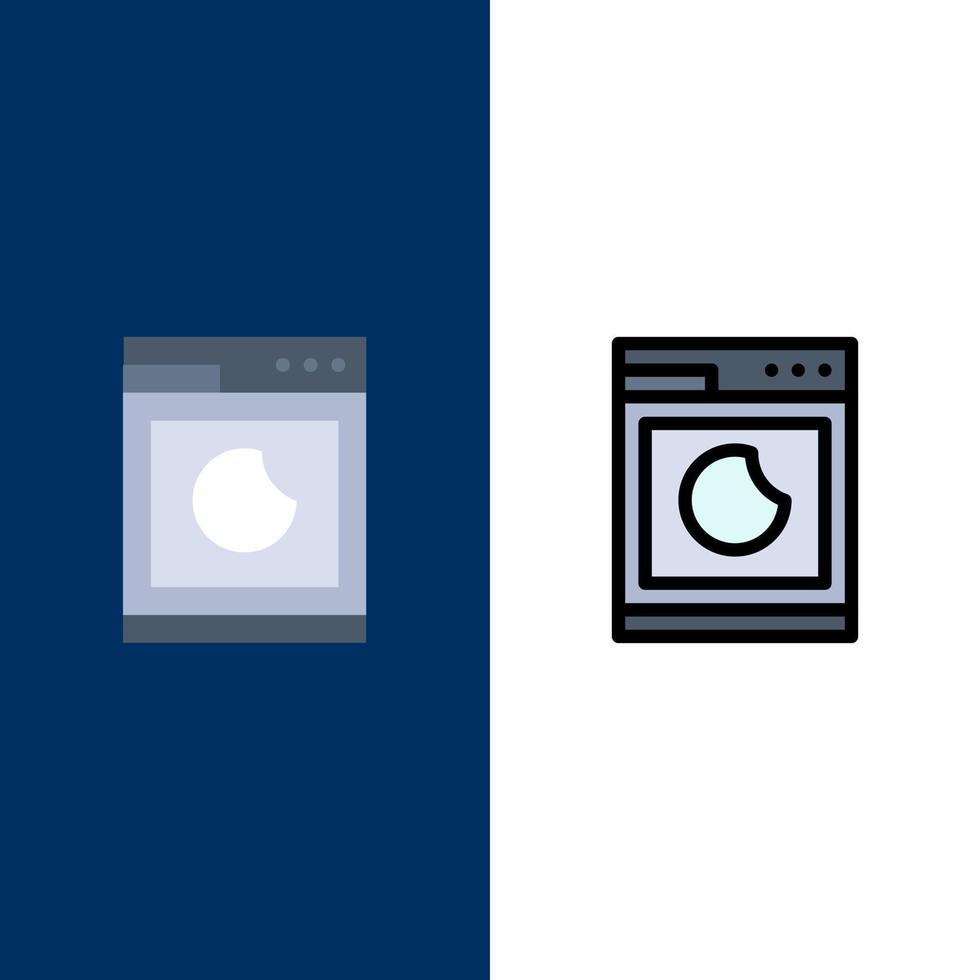 máquina de cocina lavar iconos limpios planos y llenos de línea conjunto de iconos vector fondo azul