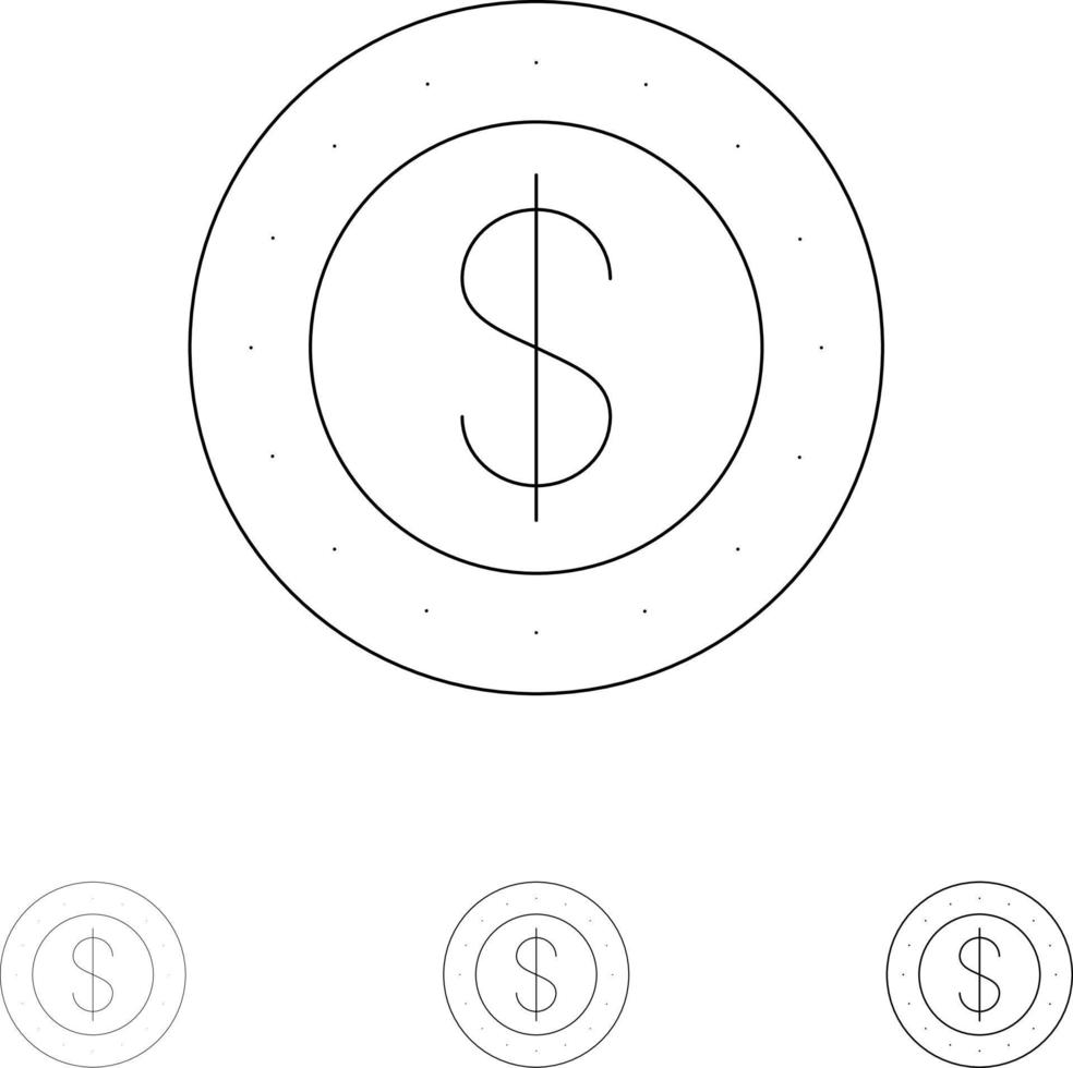 Dollar Coin Cash Bold and thin black line icon set vector