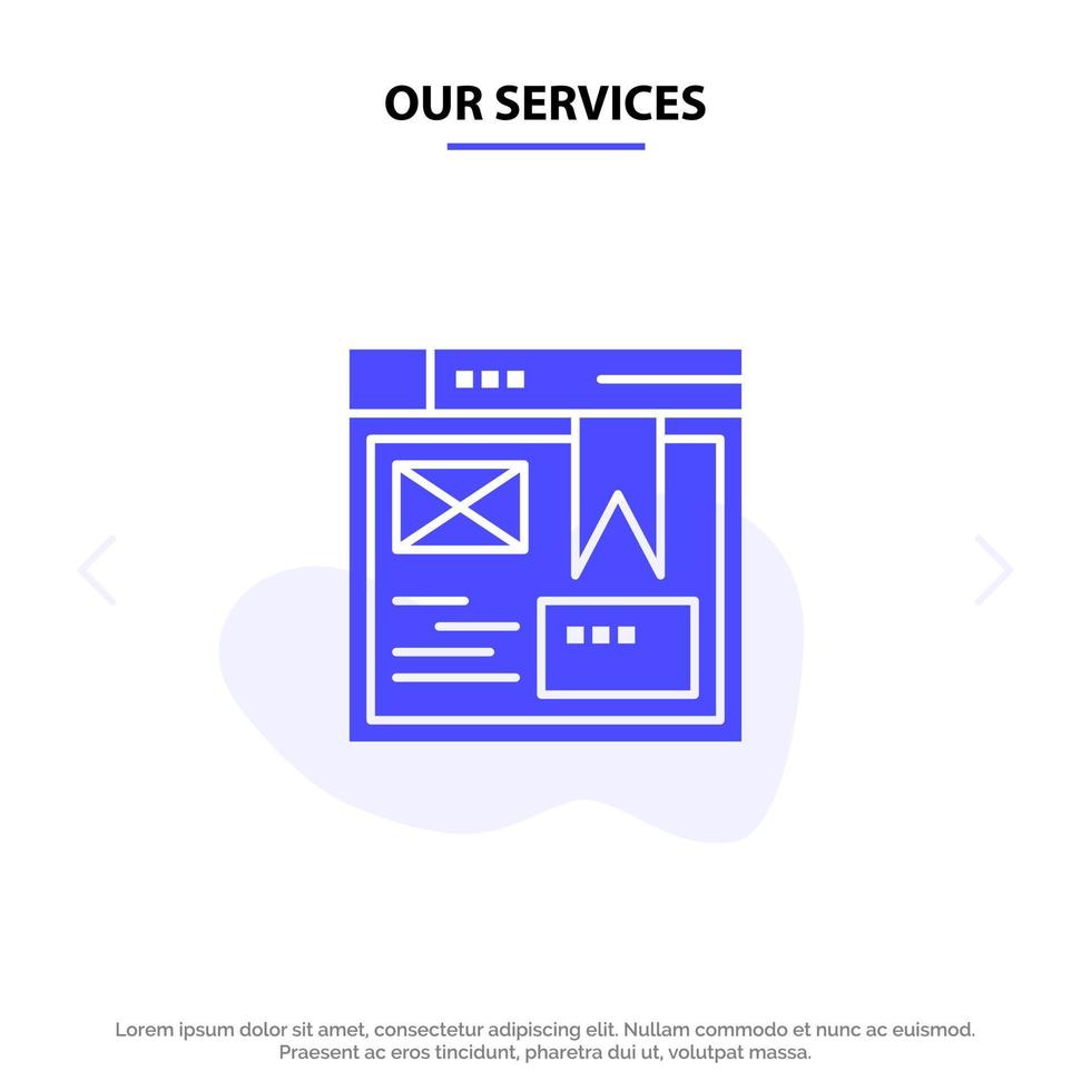 nuestro diseño de servicios diseño web sitio web icono de glifo sólido plantilla de tarjeta web vector