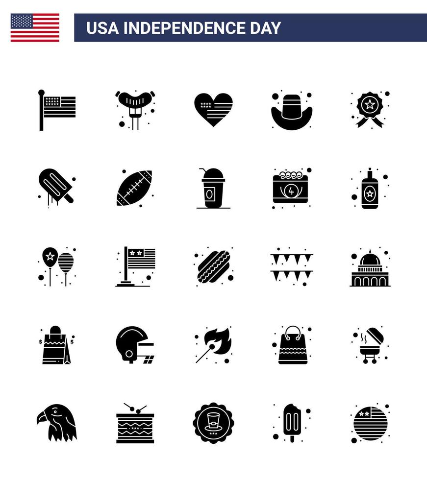 25 USA Solid Glyph Signs Independence Day Celebration Symbols of police investigating love badge cap Editable USA Day Vector Design Elements