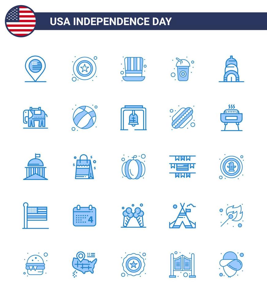 4 de julio estados unidos feliz día de la independencia icono símbolos grupo de 25 blues moderno de construcción soda día bebida botella editable usa día vector elementos de diseño