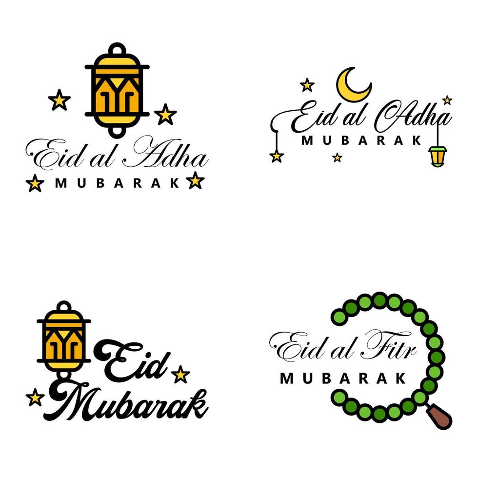 Pack of 4 Vector of Arabic Calligraphy Text with Moon And Stars of Eid Mubarak for the Celebration of Muslim Community Festival