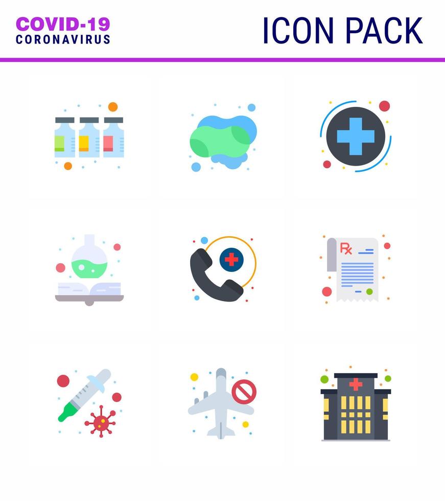 9 Flat Color coronavirus epidemic icon pack suck as survice doctor on call medica medicine book handbook viral coronavirus 2019nov disease Vector Design Elements