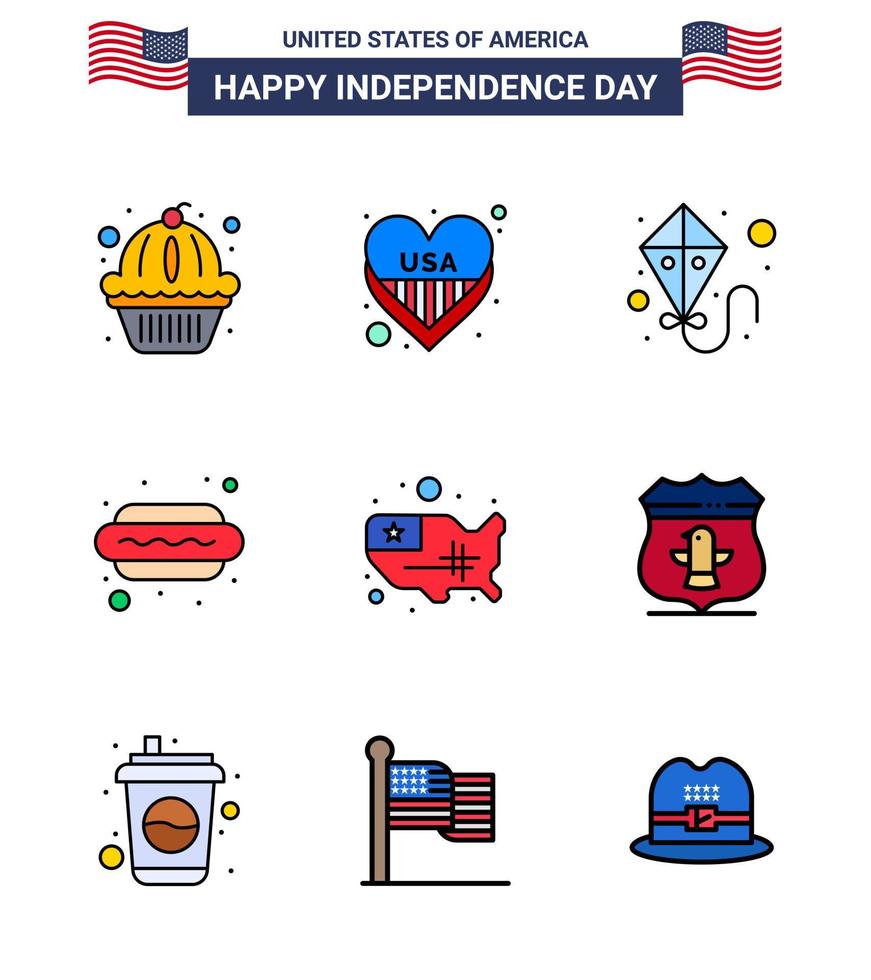 Happy Independence Day USA Pack of 9 Creative Flat Filled Lines of united map kite hot i dog Editable USA Day Vector Design Elements