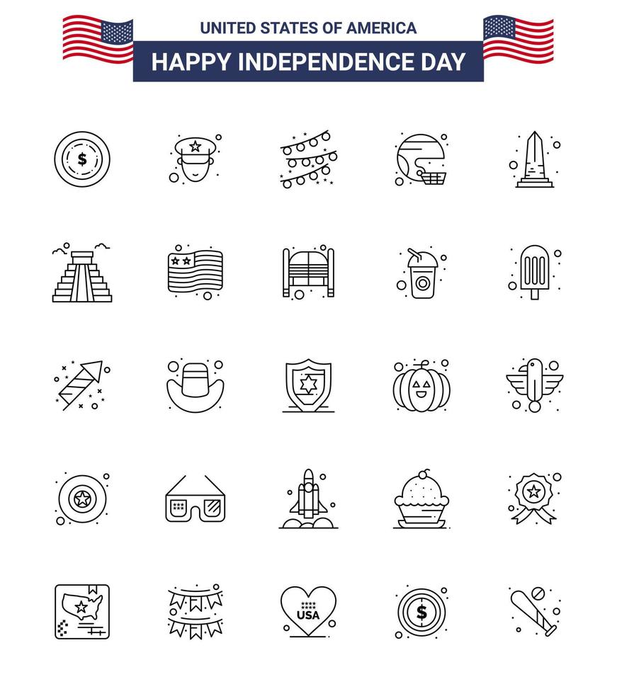Stock Vector Icon Pack of American Day 25 Line Signs and Symbols for sight landmark party bulb united sport Editable USA Day Vector Design Elements