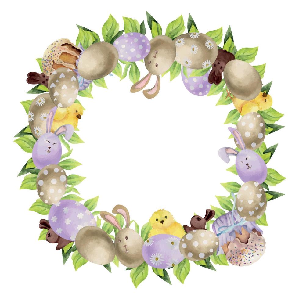 Watercolor hand drawn Easter celebration clipart. Circle wreath with eggs, bunnies, chicken, spring leaves. Isolated on white background. Design for invitations, gifts, greeting cards, print, textile vector