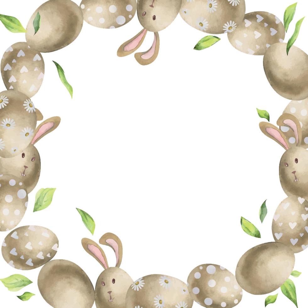 acuarela dibujada a mano celebración de pascua clipart. corona circular con huevos, conejitos, lazos y hojas de primavera. aislado sobre fondo blanco. diseño para invitaciones, regalos, tarjetas de felicitación, impresión, textil vector