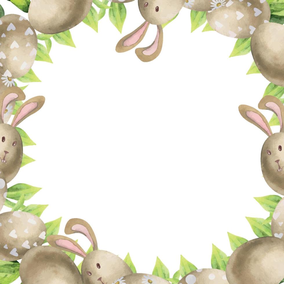 Watercolor hand drawn Easter celebration clipart. Circle wreath with eggs, bunnies, bows and spring leaves. Isolated on white background. Design for invitations, gifts, greeting cards, print, textile vector