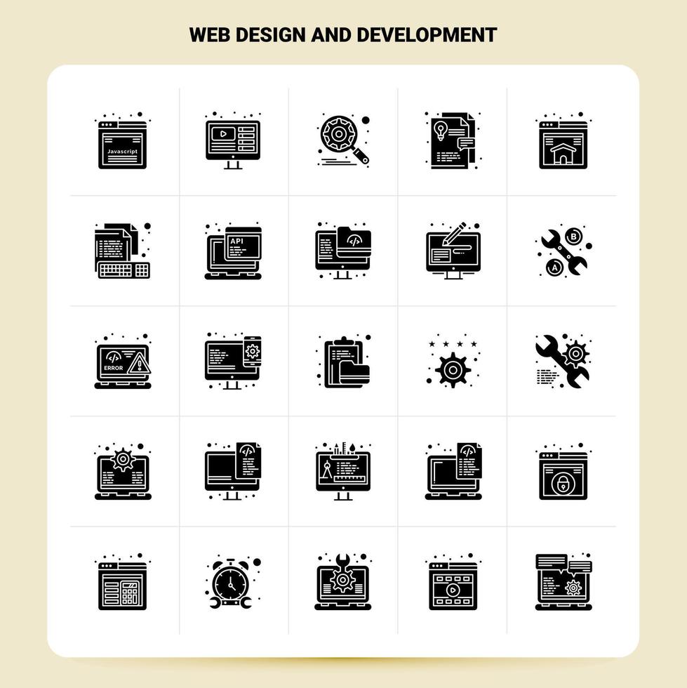 sólido 25 conjunto de iconos de diseño y desarrollo web diseño de estilo de glifo vectorial conjunto de iconos negros diseño de ideas de negocios web y móviles ilustración vectorial vector