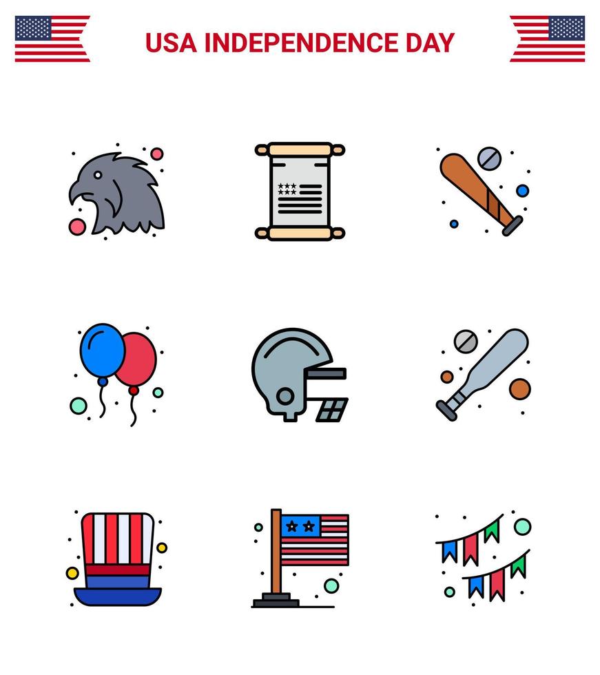 paquete de línea llena plana de 9 símbolos del día de la independencia de estados unidos de la fiesta de fútbol globos del día de béisbol editables elementos de diseño vectorial del día de estados unidos vector