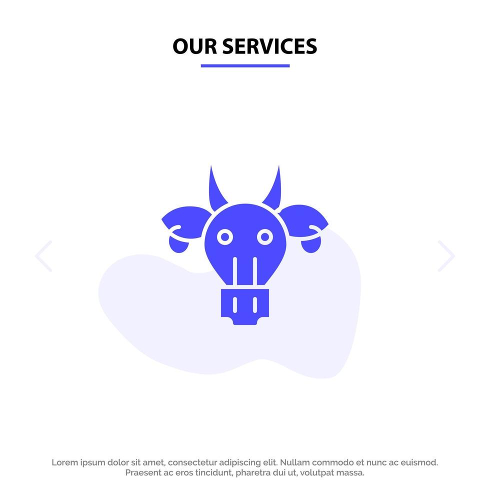 nuestros servicios adorno animales toro cráneo indio icono de glifo sólido plantilla de tarjeta web vector