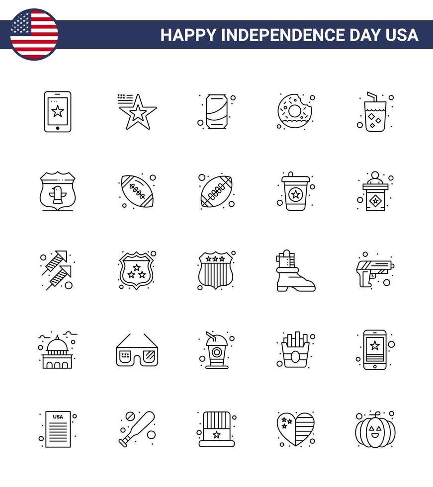 USA Happy Independence DayPictogram Set of 25 Simple Lines of drink food beer yummy donut Editable USA Day Vector Design Elements