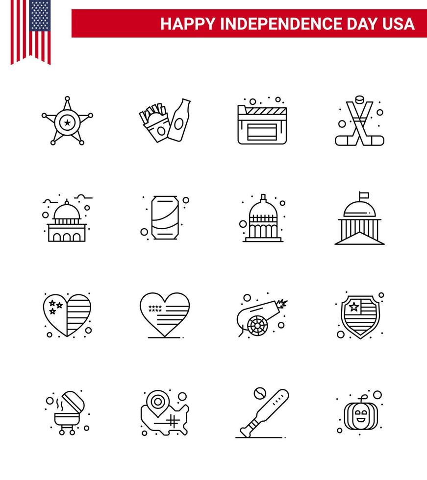 conjunto de líneas del día de la independencia de estados unidos de 16 pictogramas de estados unidos de películas de edificios emblemáticos deportes de estados unidos elementos de diseño vectorial editables del día de estados unidos vector