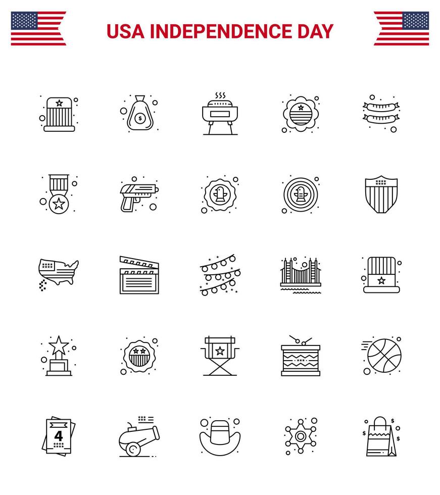 Happy Independence Day Pack of 25 Lines Signs and Symbols for frankfurter badge barbeque international flag country Editable USA Day Vector Design Elements