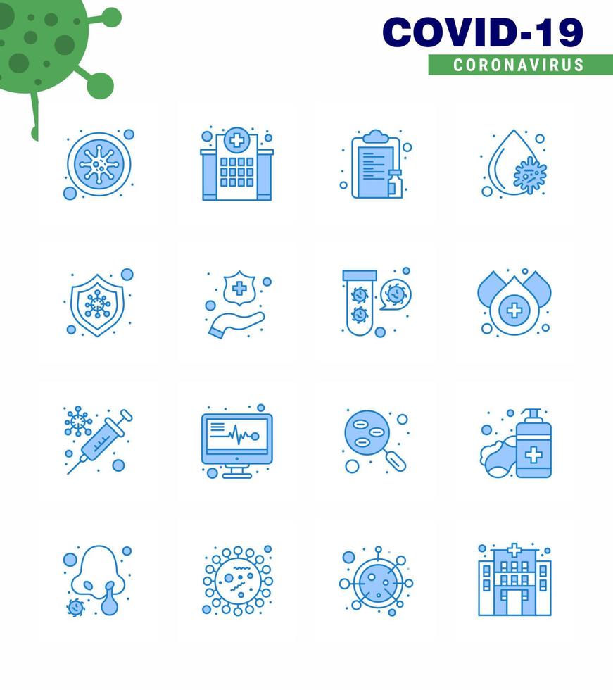 CORONAVIRUS 16 Blue Icon set on the theme of Corona epidemic contains icons such as platelets blood virus nursing blood vaccine viral coronavirus 2019nov disease Vector Design Elements