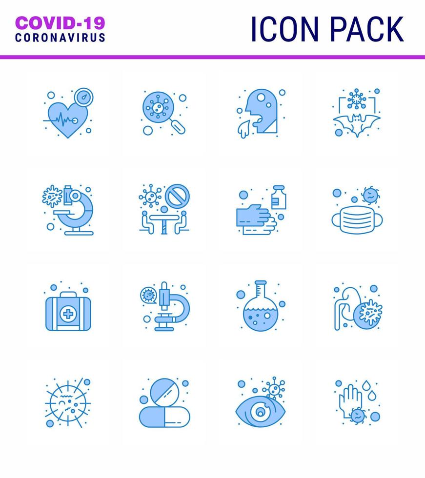 corona virus 2019 y 2020 epidemia 16 paquete de iconos azules, como coronavirus, escaneo de murciélagos, personas, atención médica, coronavirus viral 2019nov, elementos de diseño de vectores de enfermedades