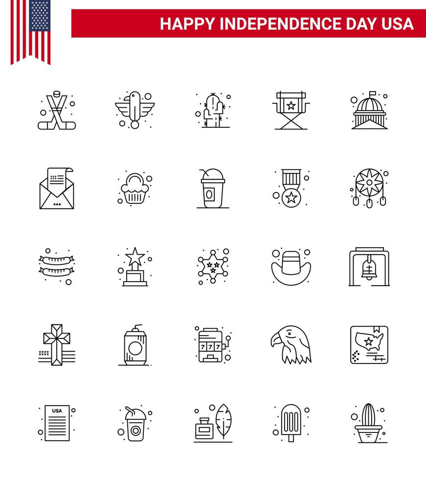 Group of 25 Lines Set for Independence day of United States of America such as star director eagle chair plant Editable USA Day Vector Design Elements
