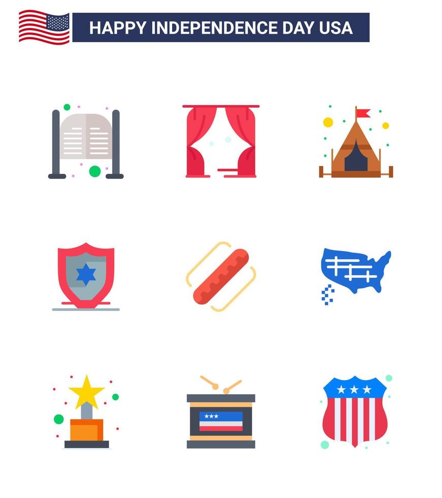 Pack of 9 USA Independence Day Celebration Flats Signs and 4th July Symbols such as hotdog america usa shield american Editable USA Day Vector Design Elements