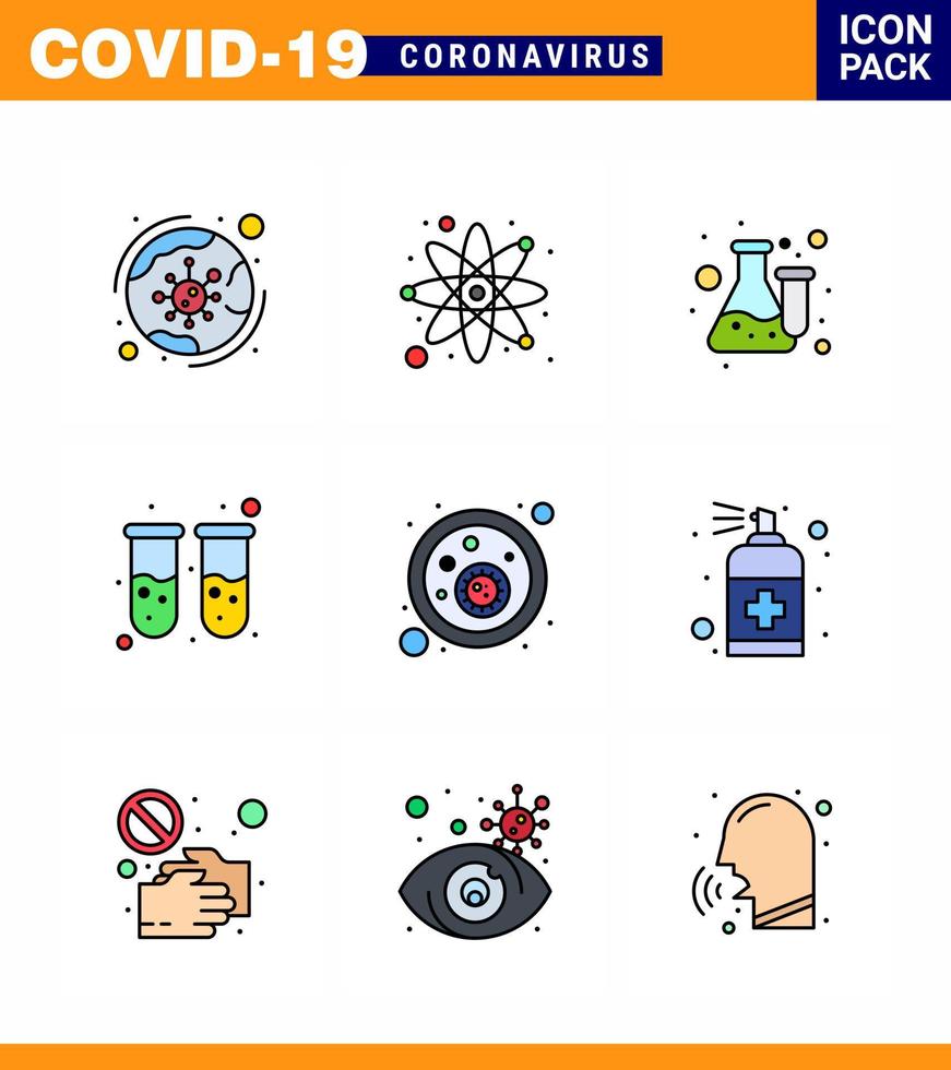 iconos de conciencia de coronavirus 9 línea rellena icono de color plano virus de la corona relacionado con la gripe, como análisis de sangre de laboratorio, investigación, laboratorio de sangre, coronavirus viral 2019nov, elementos de diseño de vectores de enfermedades