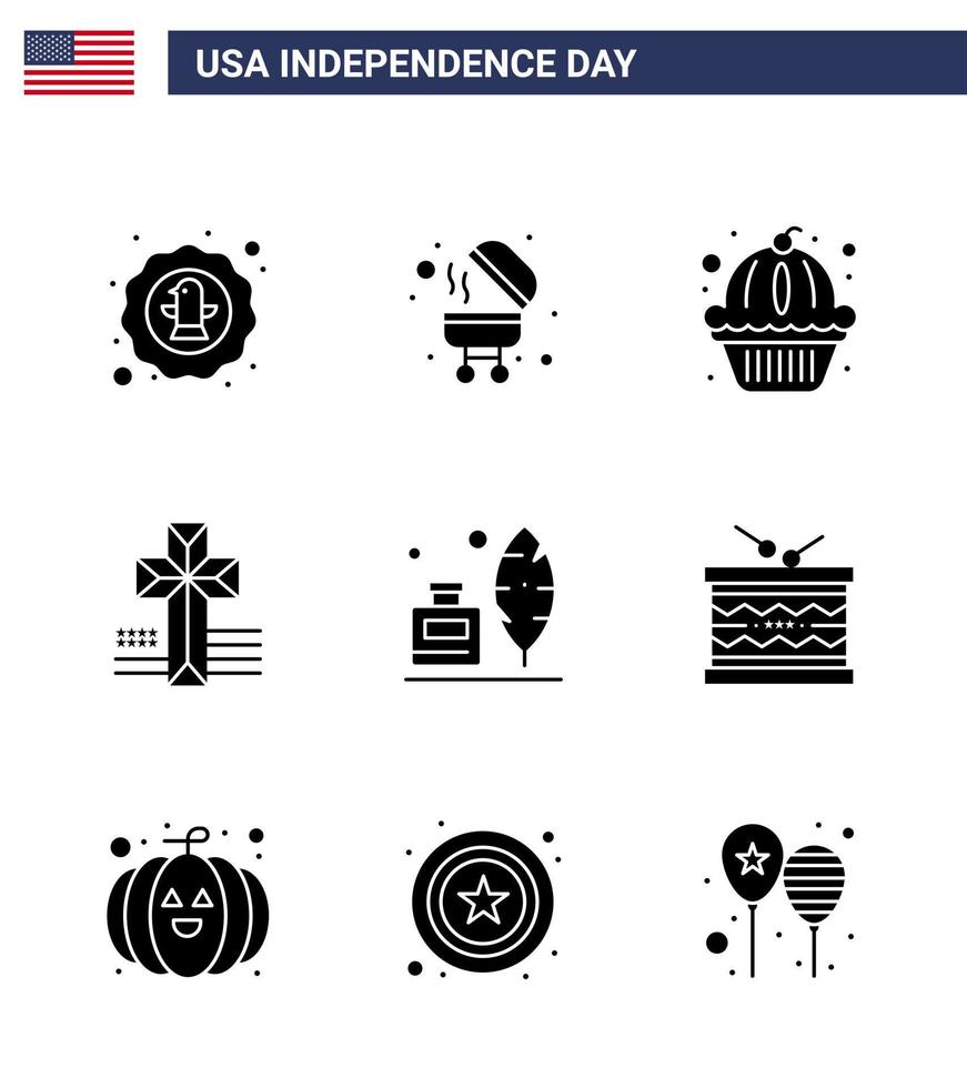 9 Solid Glyph Signs for USA Independence Day ink bottle adobe american church american Editable USA Day Vector Design Elements