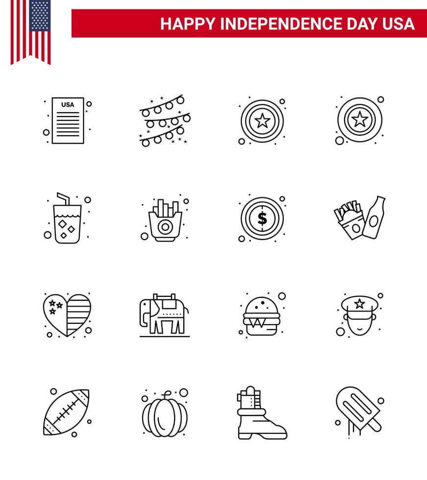 Set of 16 Vector Lines on 4th July USA Independence Day such as fast juice sign drink sign Editable USA Day Vector Design Elements