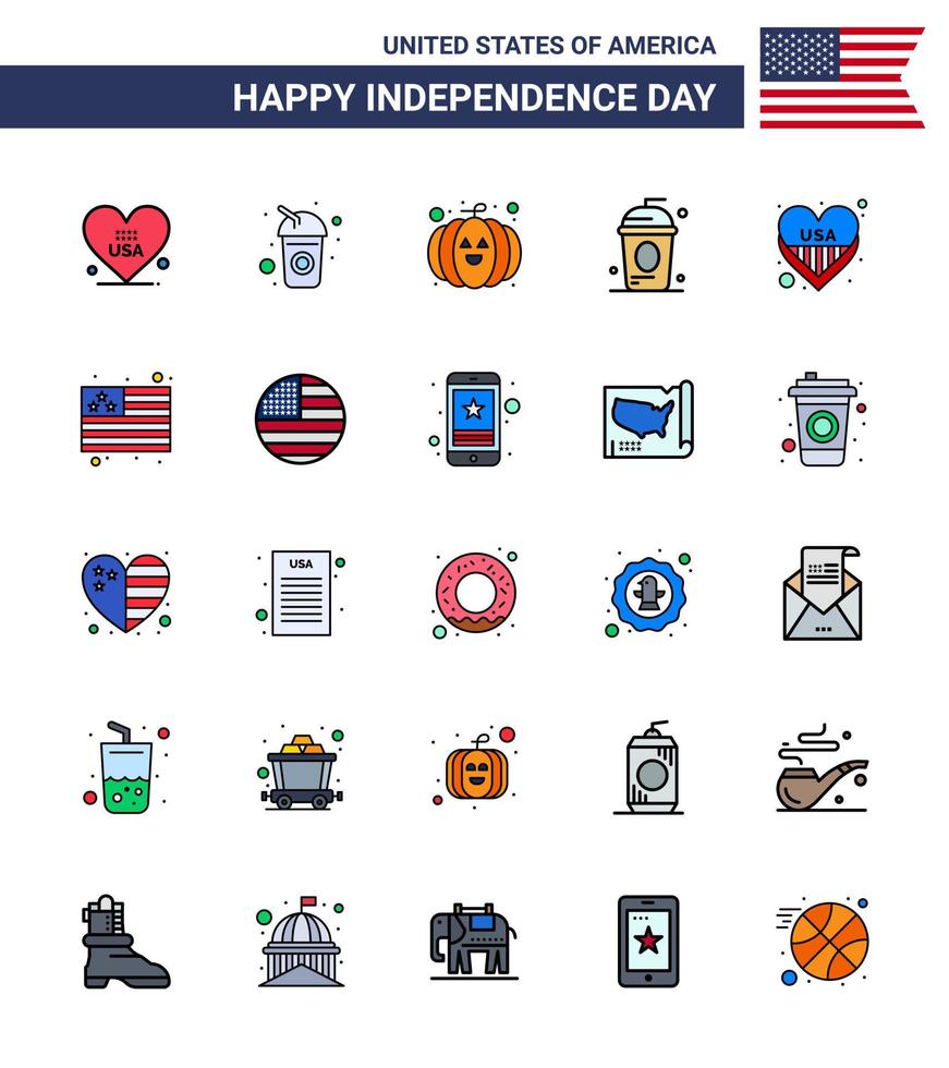 paquete grande de 25 estados unidos feliz día de la independencia líneas planas llenas de vector de estados unidos y símbolos editables de corazón independencia alimentos vacaciones cole elementos de diseño de vector de día de estados unidos editables