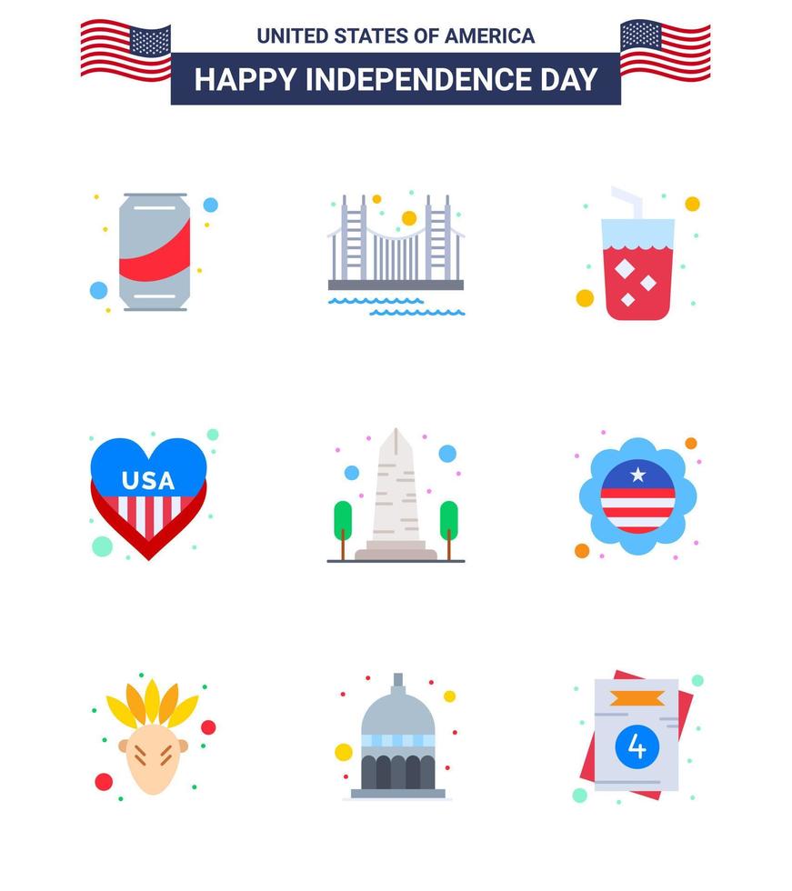 Set of 9 Vector Flats on 4th July USA Independence Day such as usa heart tourism american juice Editable USA Day Vector Design Elements