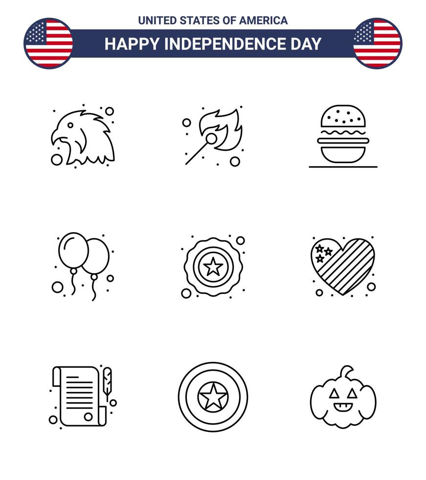 Happy Independence Day Pack of 9 Lines Signs and Symbols for usa police eat party celebrate Editable USA Day Vector Design Elements