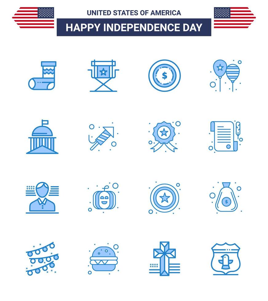 usa feliz día de la independencia pictograma conjunto de 16 blues simple de city party television day globos editables usa day elementos de diseño vectorial vector