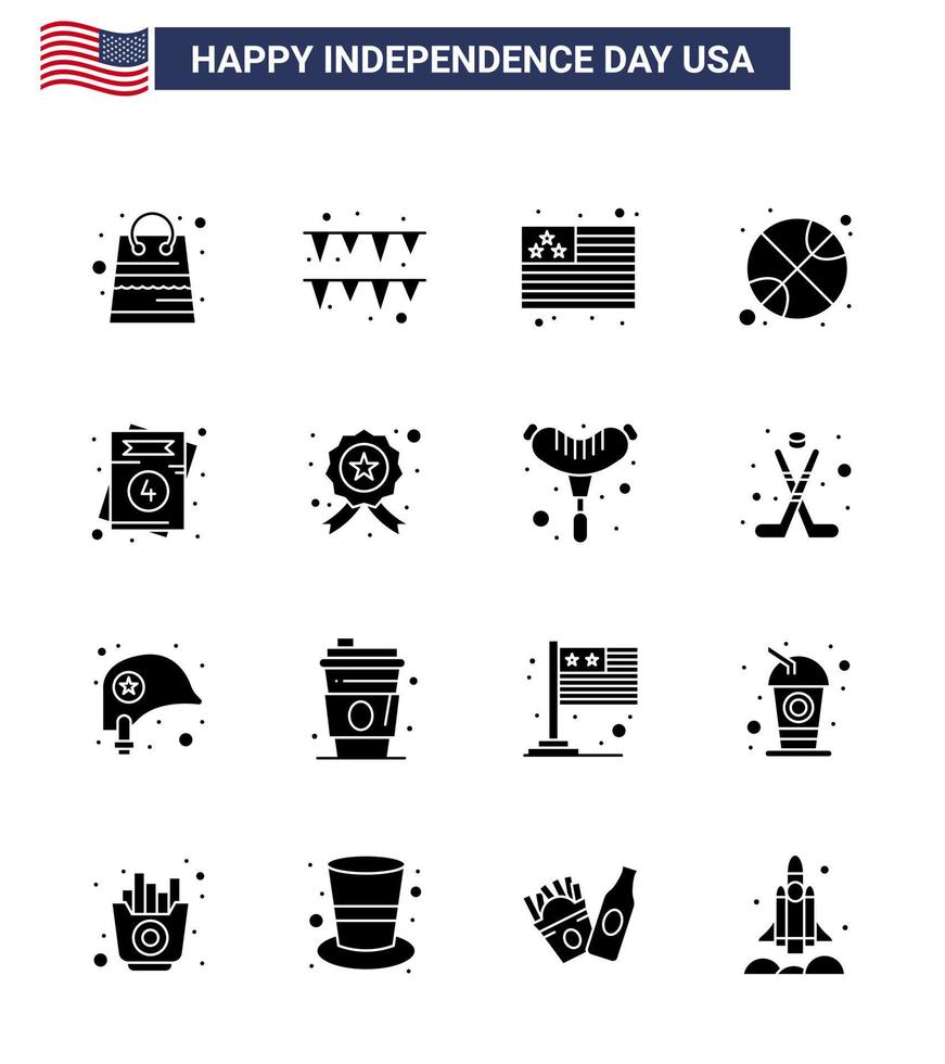 conjunto de 16 iconos del día de los ee.uu. símbolos americanos signos del día de la independencia para la invitación de la bandera del amor de la boda deportes elementos de diseño del vector del día de los ee.uu. editables