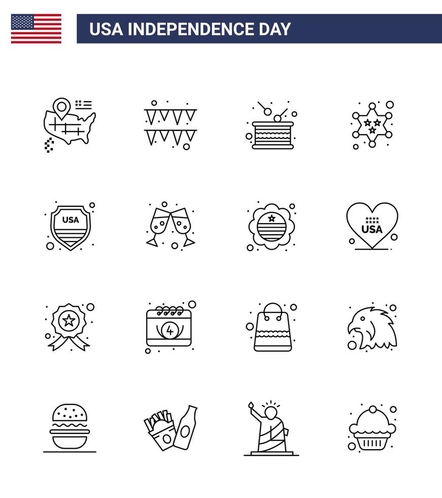 Paquete de 16 líneas de EE. UU. De signos y símbolos del día de la independencia de la estrella de vacaciones de seguridad de signo militar elementos de diseño de vector de día de EE. UU. editables
