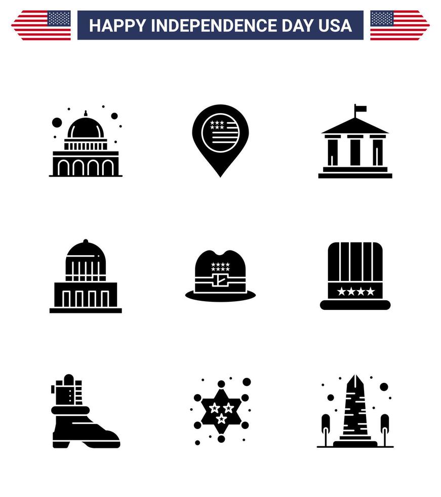 conjunto de 9 glifos sólidos vectoriales el 4 de julio, día de la independencia de estados unidos, como cap usa bank, edificio emblemático, elementos de diseño vectorial editables del día de estados unidos vector