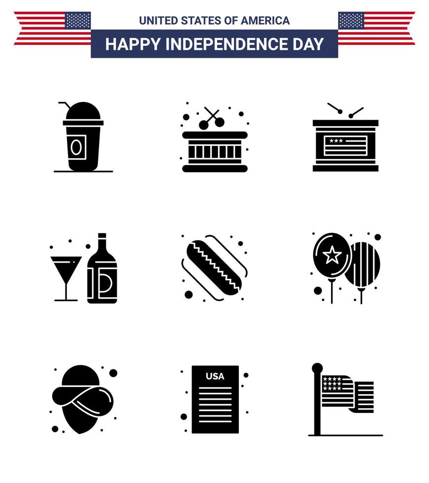 Solid Glyph Pack of 9 USA Independence Day Symbols of hotdog glass holiday bottle wine Editable USA Day Vector Design Elements