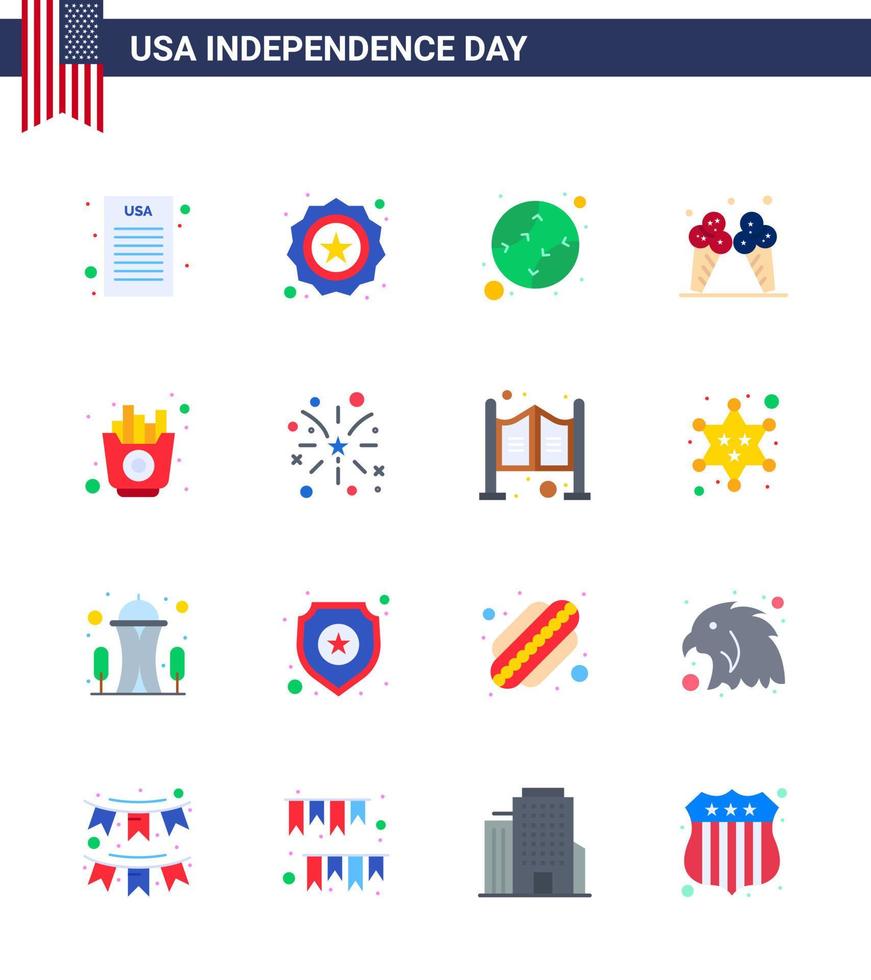 USA Independence Day Flat Set of 16 USA Pictograms of fries fast baseball american ice Editable USA Day Vector Design Elements