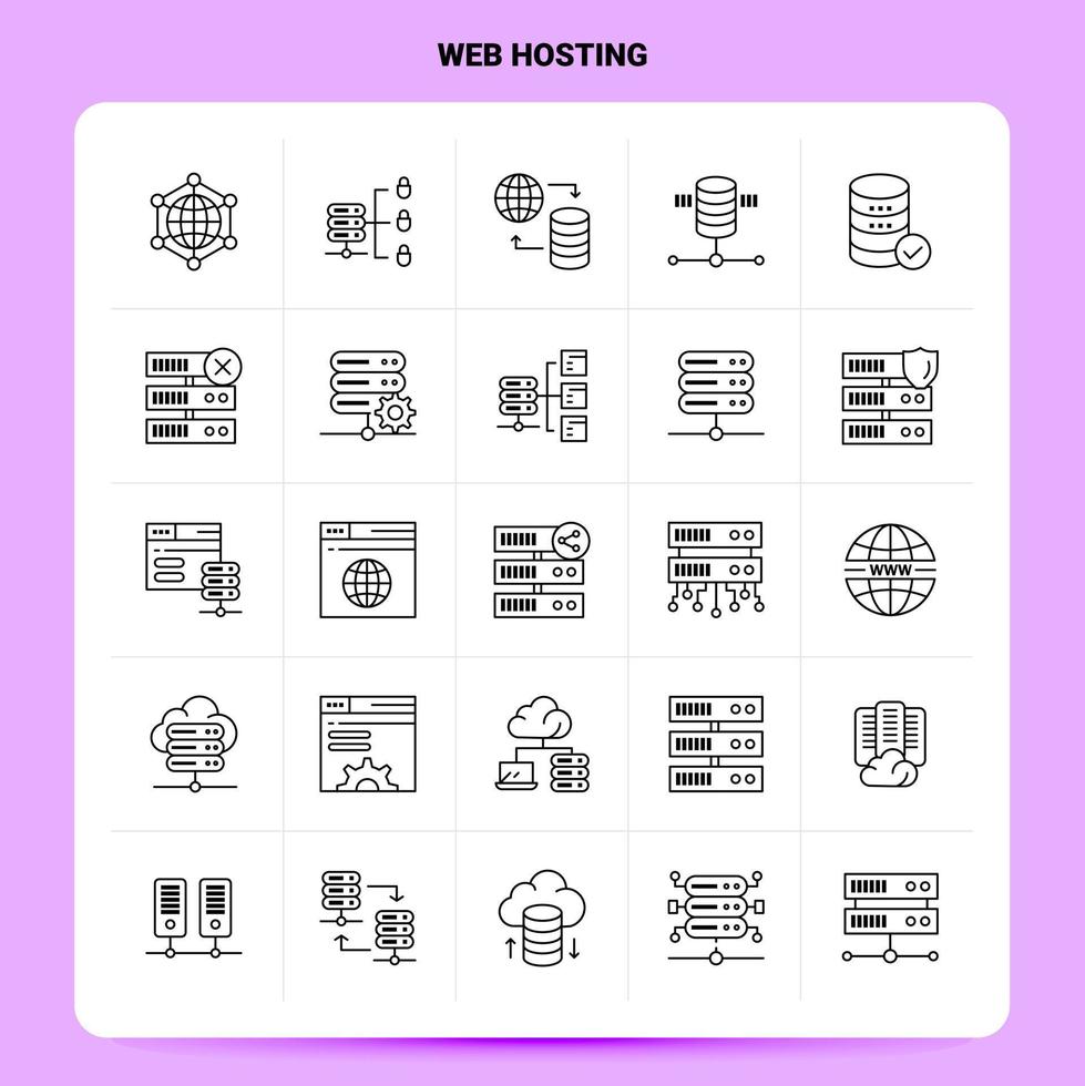 OutLine 25 Web Hosting Icon set Vector Line Style Design Black Icons Set Linear pictogram pack Web and Mobile Business ideas design Vector Illustration