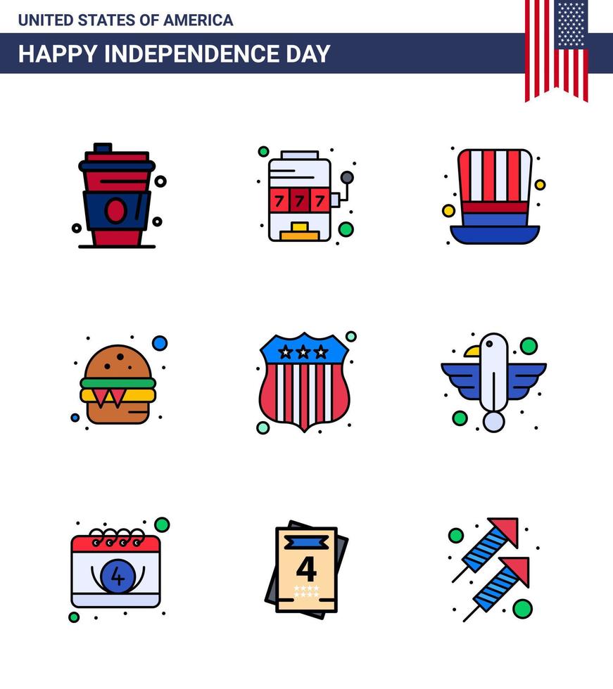 USA Happy Independence DayPictogram Set of 9 Simple Flat Filled Lines of investigating meal day food burger Editable USA Day Vector Design Elements