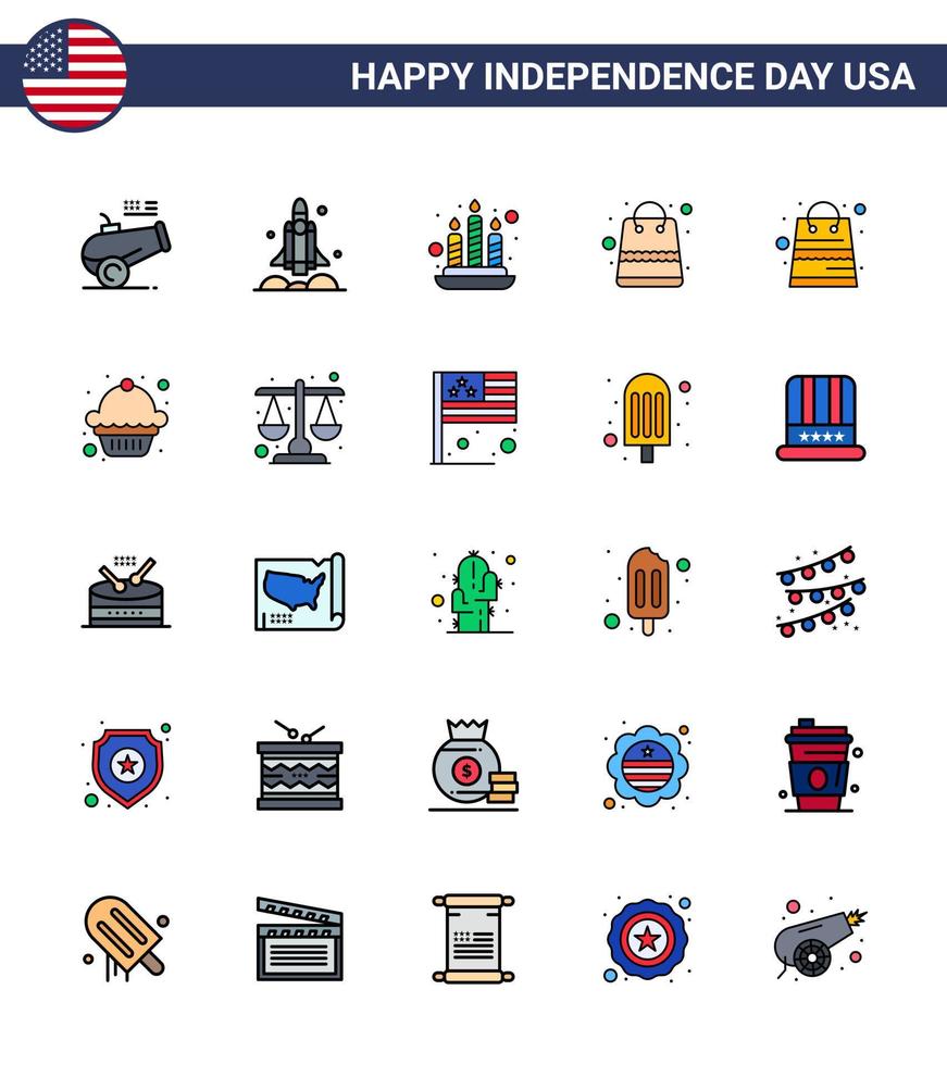 Set of 25 Vector Flat Filled Lines on 4th July USA Independence Day such as dessert shop usa packages bag Editable USA Day Vector Design Elements