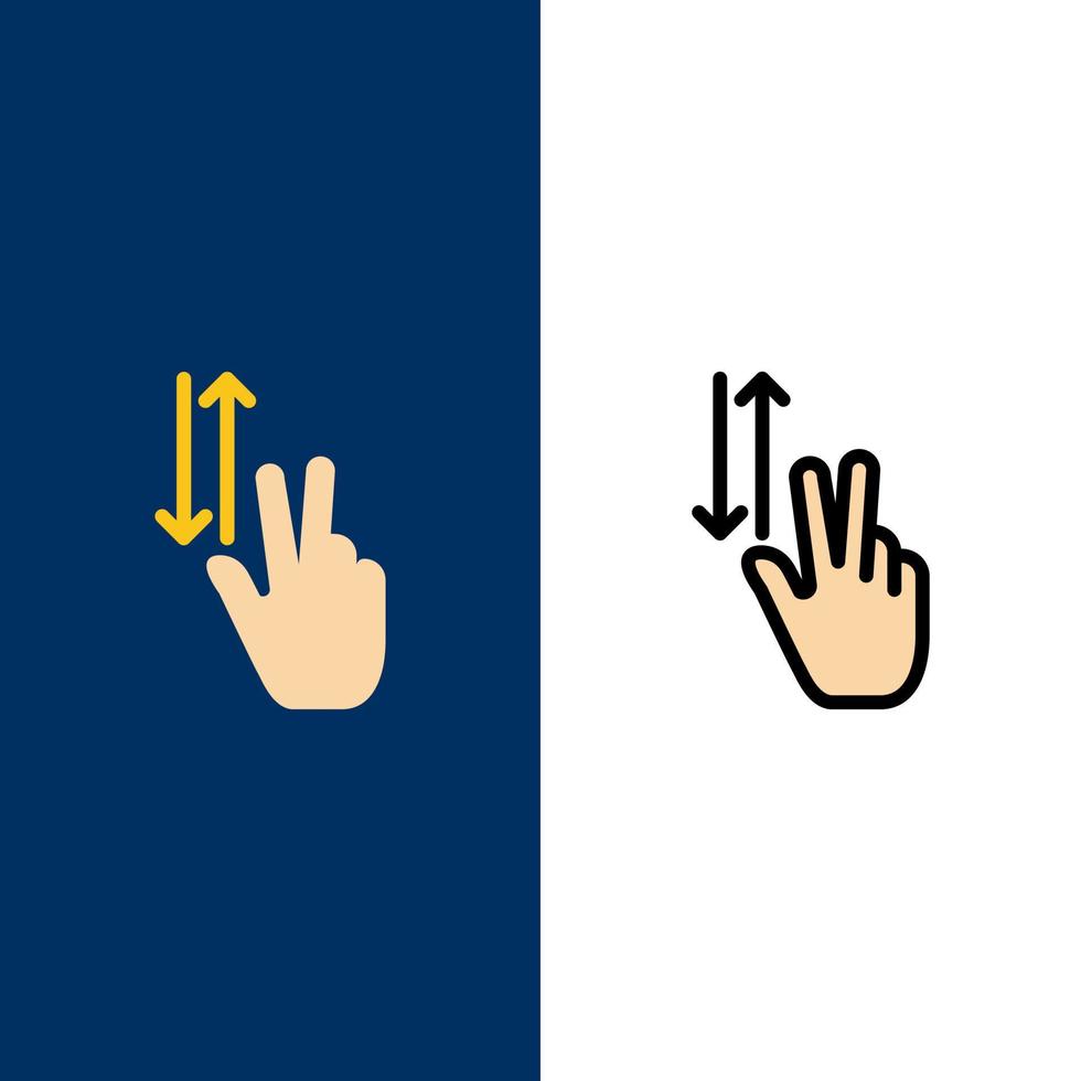 gestos con los dedos dos iconos arriba abajo plano y conjunto de iconos rellenos de línea vector fondo azul
