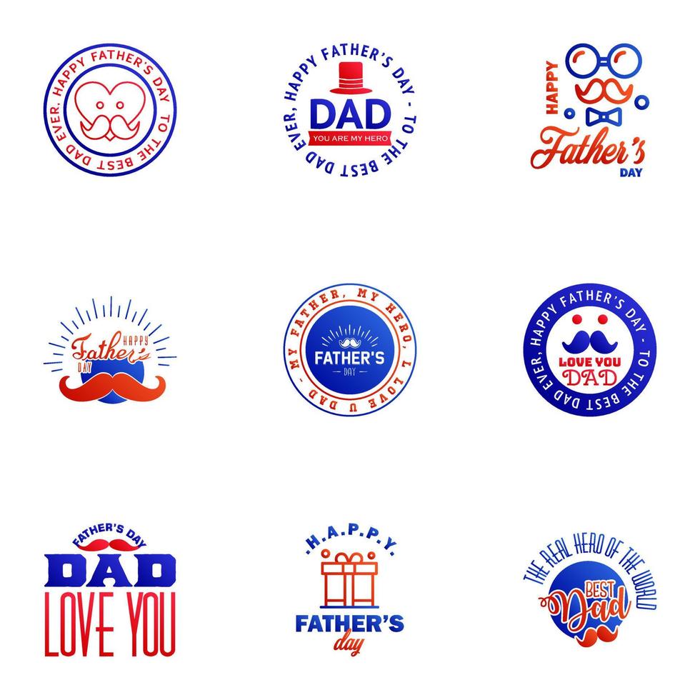 letras del día del padre 9 insignias de emblemas caligráficos azules y rojos aisladas en azul oscuro feliz día del padre mejor papá te amo papá inscripción elementos de diseño vectorial para tarjetas de felicitación y otros vector