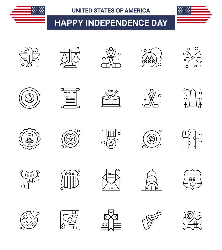 feliz día de la independencia paquete de iconos de 25 líneas para web e impresión burbuja de chat bandera de escala de estados unidos elementos de diseño de vector de día de estados unidos editables estadounidenses