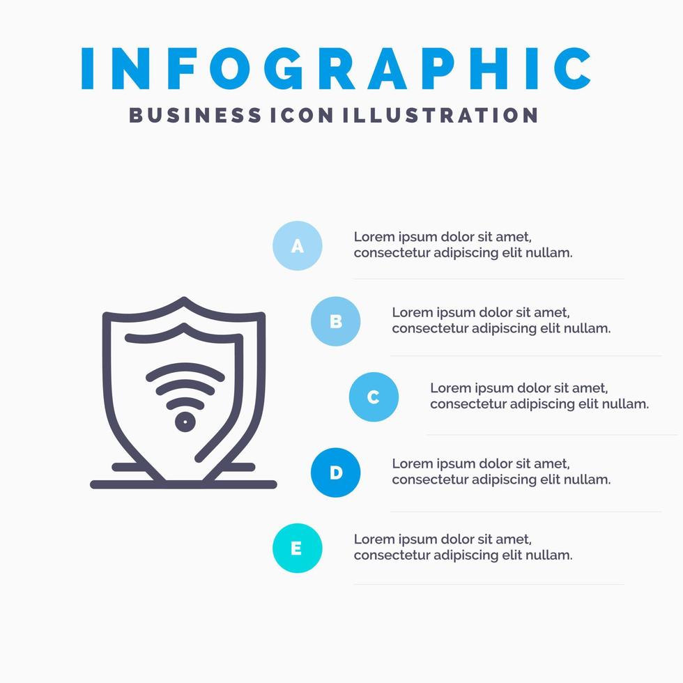 internet internet seguridad proteger icono de línea de escudo con 5 pasos presentación infografía fondo vector