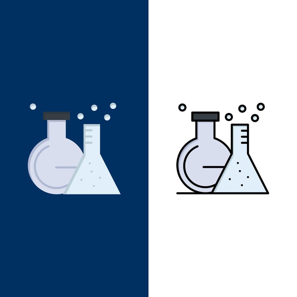 iconos de prueba de tubo de laboratorio de matraz plano y conjunto de iconos llenos de línea fondo azul vectorial vector