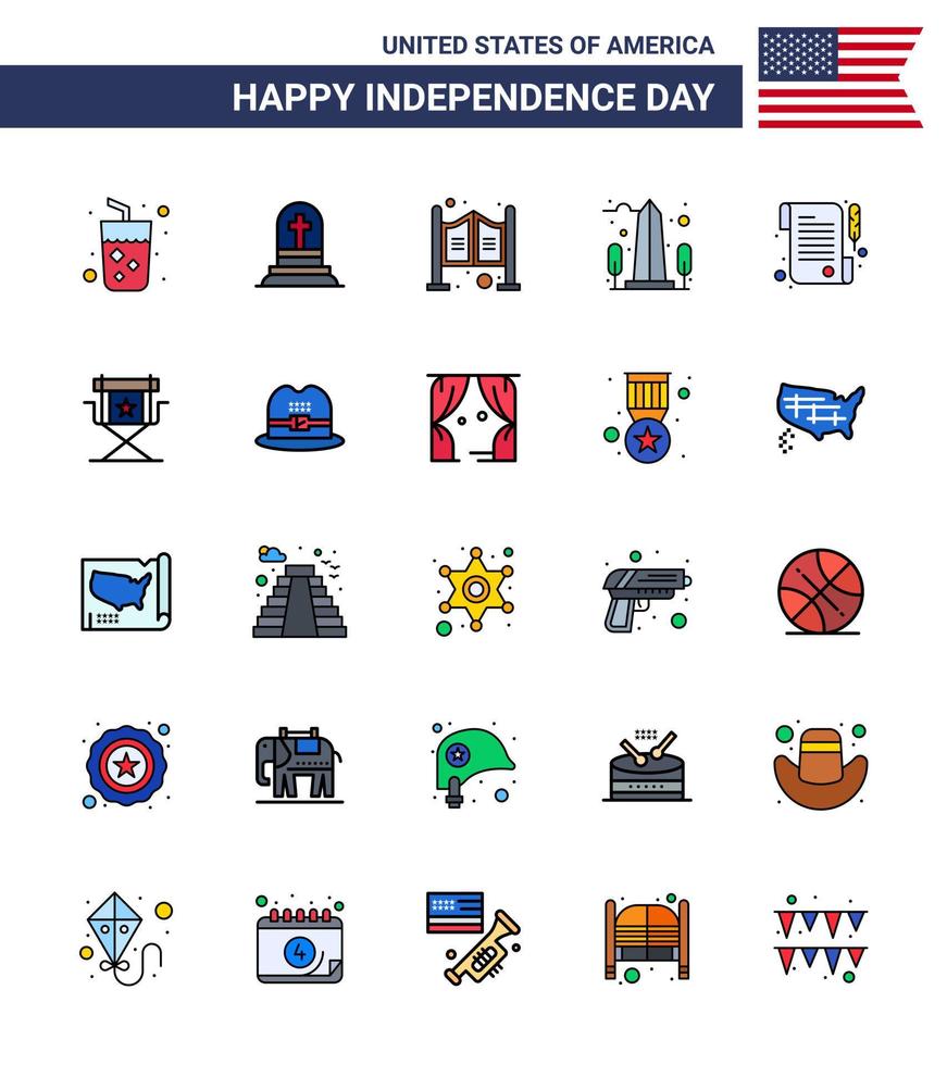 25 USA Flat Filled Line Pack of Independence Day Signs and Symbols of paper usa door sight landmark Editable USA Day Vector Design Elements