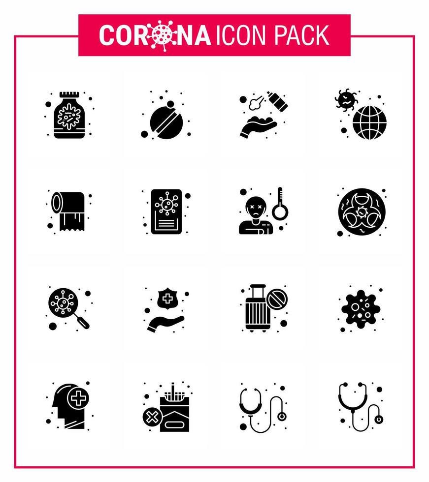 Corona virus 2019 and 2020 epidemic 16 Solid Glyph Black icon pack such as virus infection alcohol incident washing viral coronavirus 2019nov disease Vector Design Elements