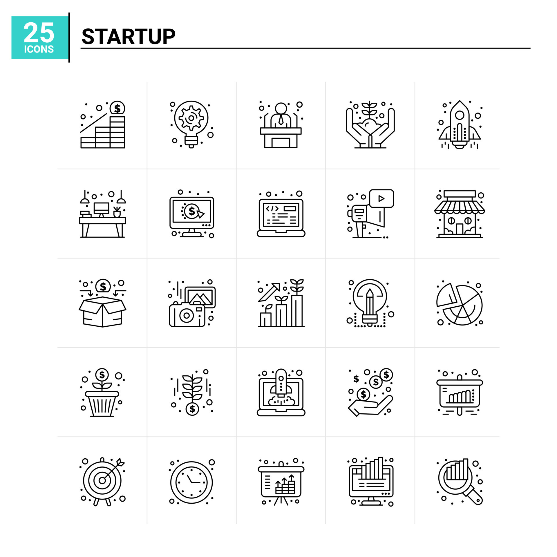 25 Startup icon set vector background 18011833 Vector Art at Vecteezy