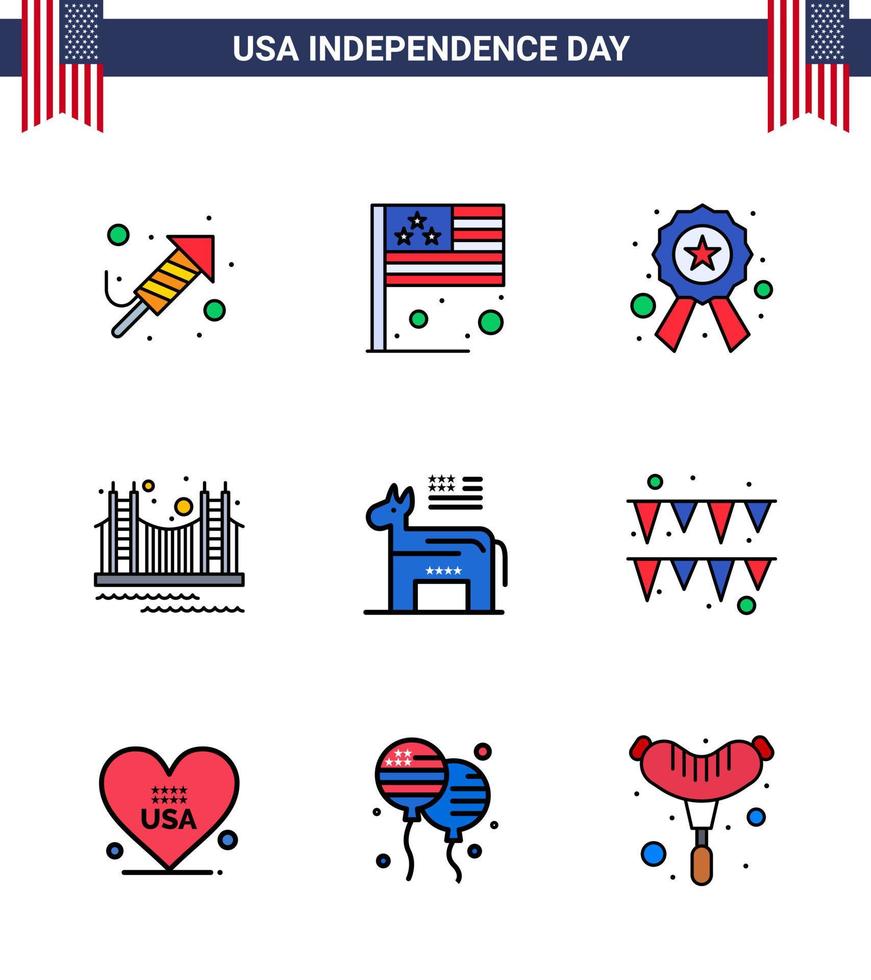 Happy Independence Day Pack of 9 Flat Filled Lines Signs and Symbols for usa landmark badge golden bridge Editable USA Day Vector Design Elements
