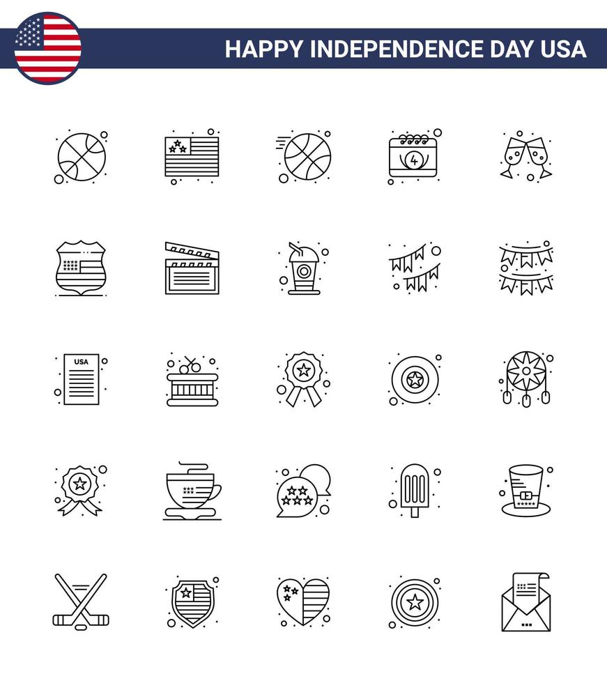 4th July USA Happy Independence Day Icon Symbols Group of 25 Modern Lines of shield wine ball beer date Editable USA Day Vector Design Elements